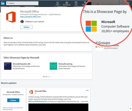 linkedin showcase page